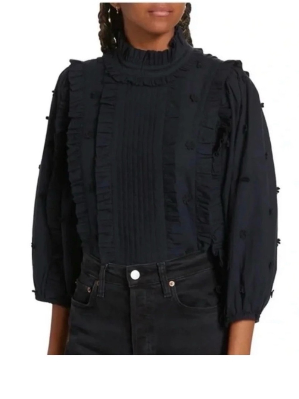 Farm Rio Women's Ruffled Embroidered Long-Sleeve Top - black